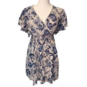 Blue Floral Smocked Ruffle Sun Mini Dress Cover Up Sundress Angie SMALL